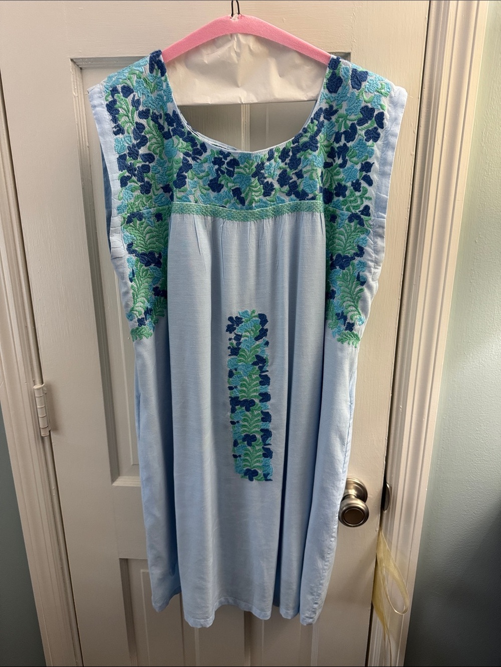 Light Blue Embroidered Midi Dress with Blue-Green Floral Detail